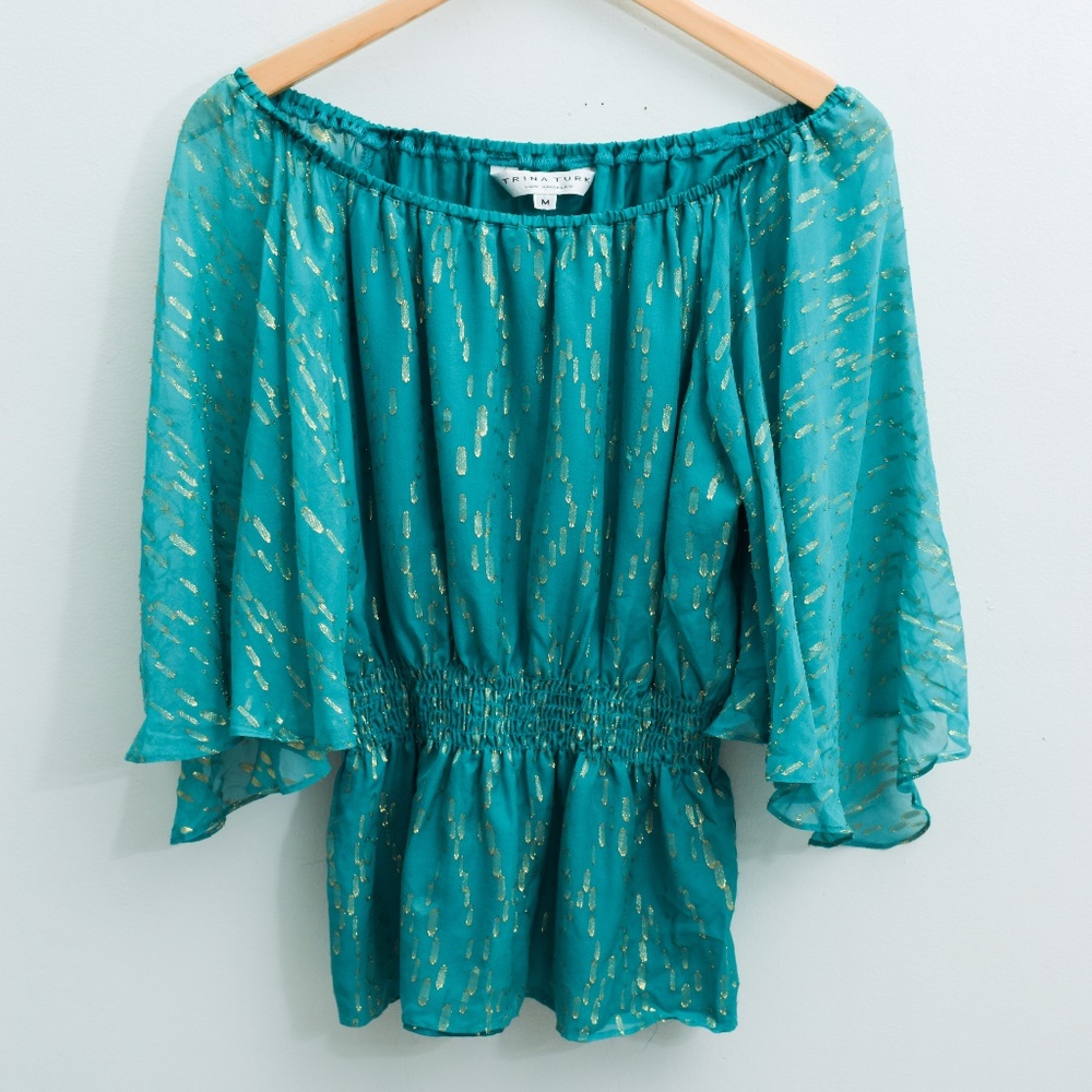 Trina Turk Silk with Gold Metallic Accent Summer Bright Top Medium